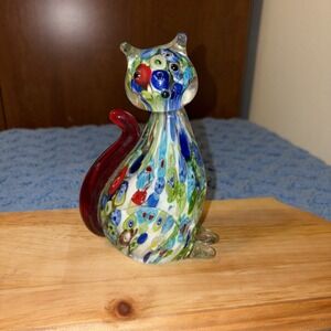 Vintage Murano Millefiori Style Glass Cat Figurine